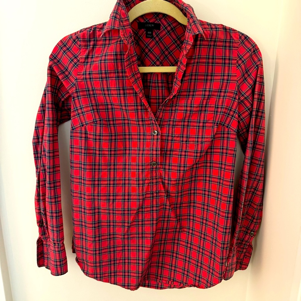 J.Crew red plaid half button-down, size 000